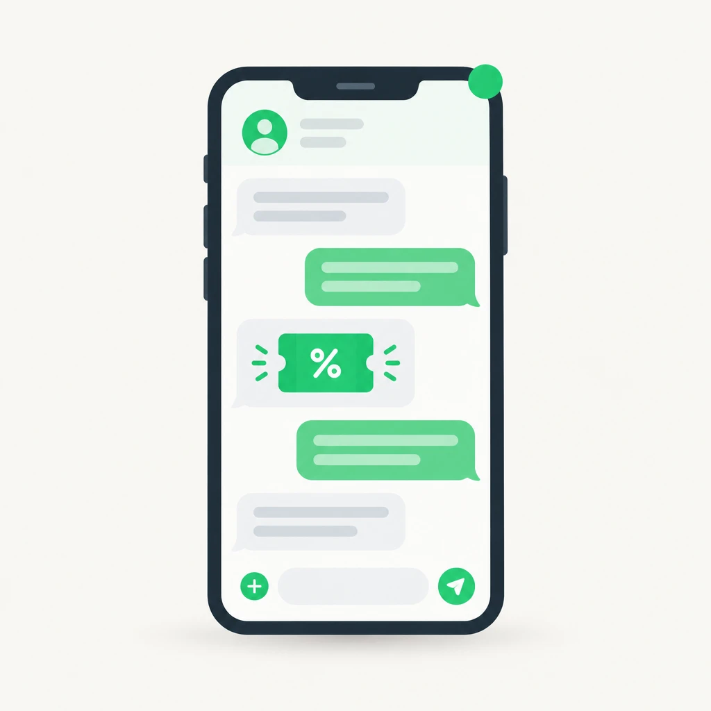Ilustração de um celular com mensagens de ofertas e um cupom de desconto